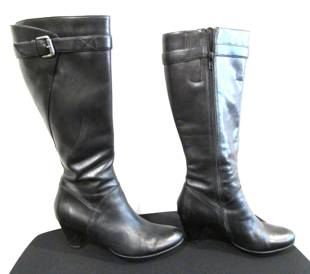 Ecco Hope Boots Black Leather Mid Heel Knee High Boots Women 8.5 US/39 EU